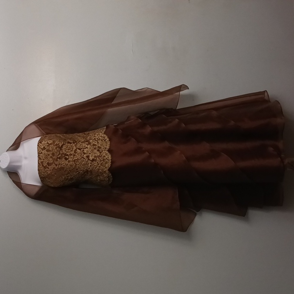 Jovani size 14 women's strapless formal dress brown with gold Lace.